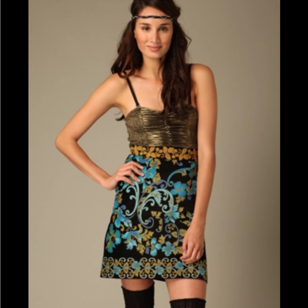 Free People Y2K Gold Metallic Velvet Floral Ruched Strapless Dress 10